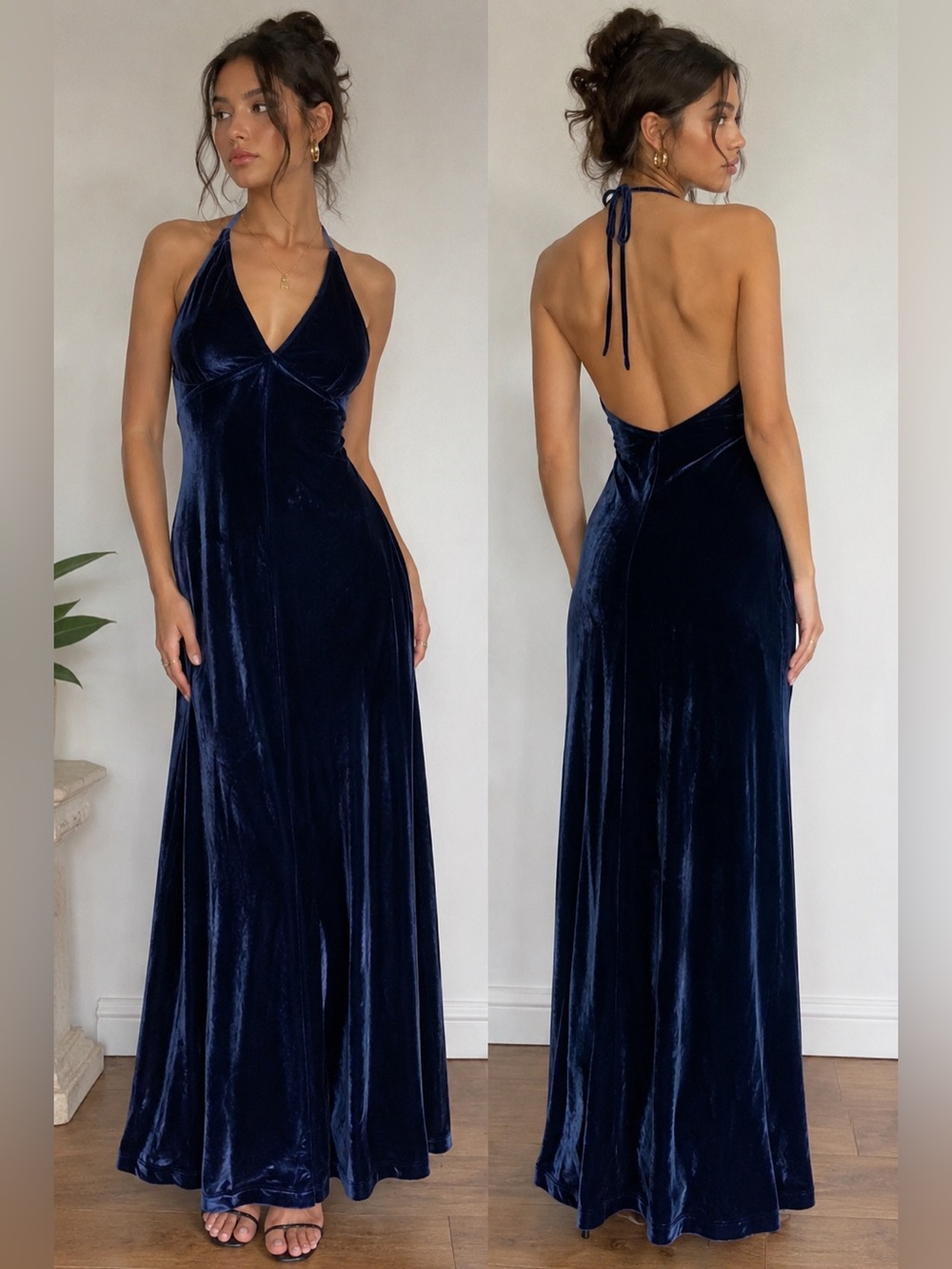 Vintage Finesse U.S.A. Blue Velvet Halter Maxi Dress Slip Bodycon Formal Y2K